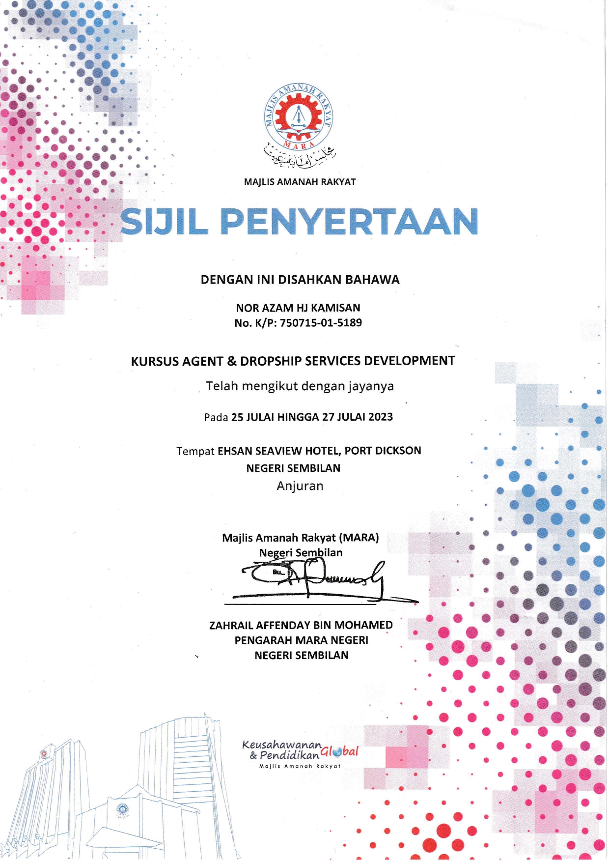 sijil kursus agent & dropship services development tuan nor azam hj kamisan page 0001